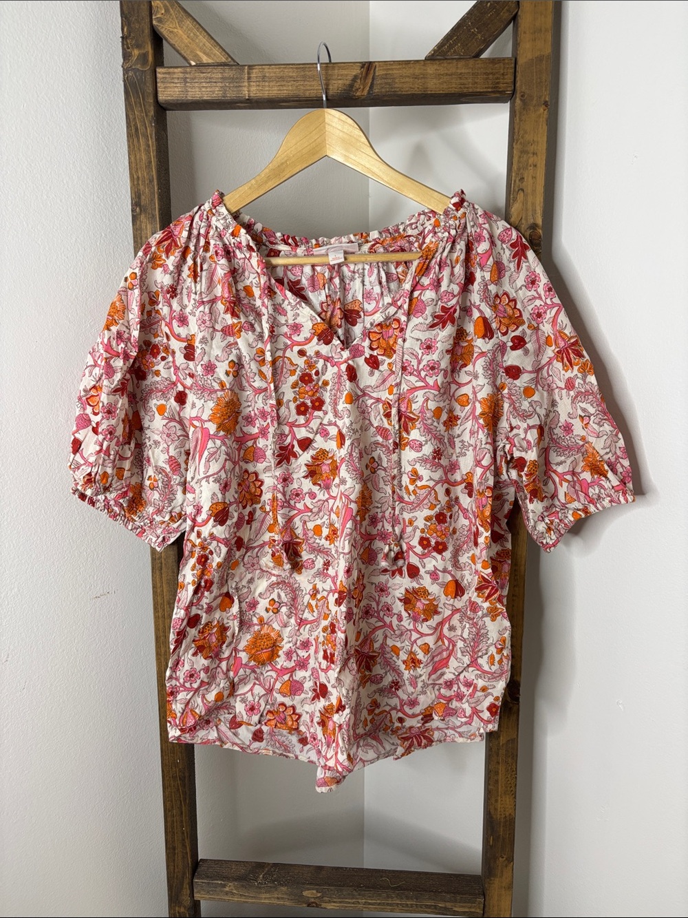 Knox Rose Floral Peasant Blouse in Pink & Orange Size L